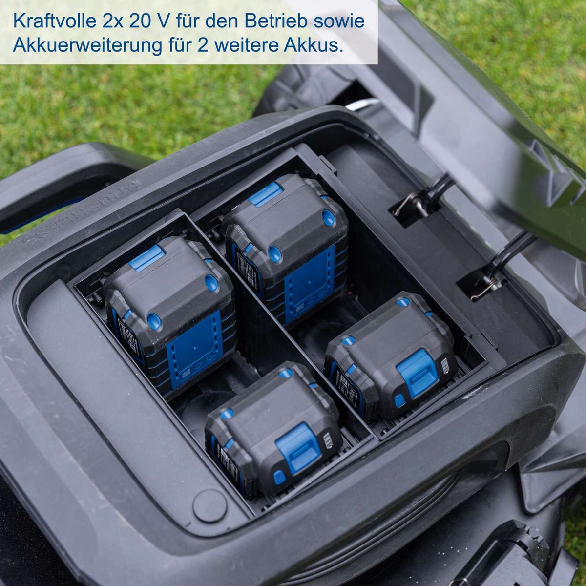 Der Akku-Rasenmäher BC-MP470-X von Scheppach verfügt über kraftvolle 2x 20 V Akkus für den Betrieb sowie eine Akkuweiterführung für 2 weitere Akkus.