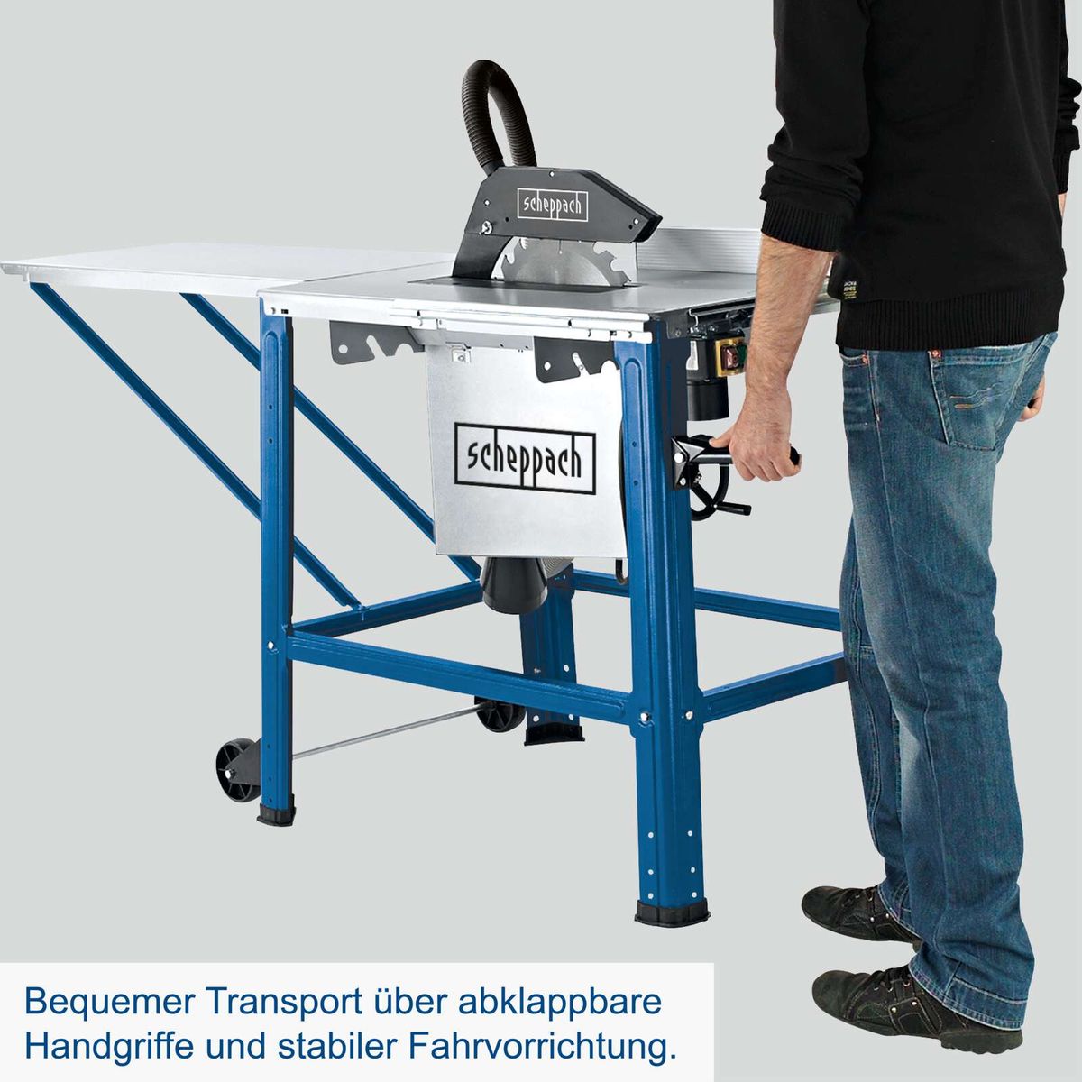 Tischkreissäge mit abklappbaren Handgriffen und stabiler Fahrvorrichtung für bequemen Transport