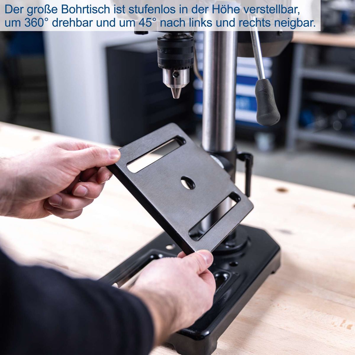 Tischbohrmaschine mit verstellbarem Bohrtisch, drehbar um 360° und neigbar bis 45°