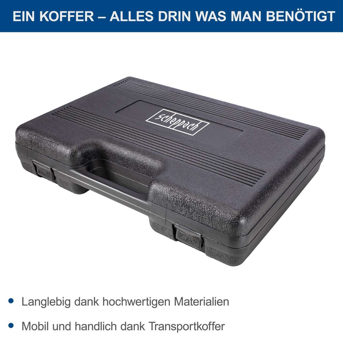 Der Scheppach Werkzeugkoffer TB94 ist langlebig dank hochwertiger Materialien und mobil sowie handlich dank des Transportkoffers.