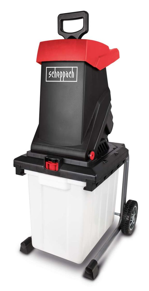 Häcksler GS59 von Scheppach, seitliche Ansicht mit Behälter und Rädern.