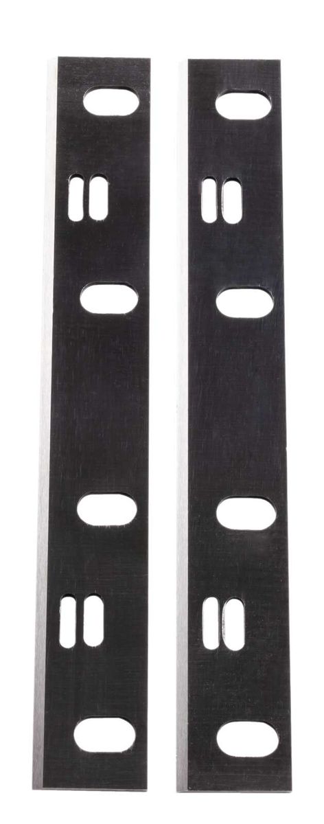 Hobelmesser 158 x 22 x 1,8 mm von Scheppach. Gezeigt von der Seite mit ovalen und rechteckigen Aussparungen.