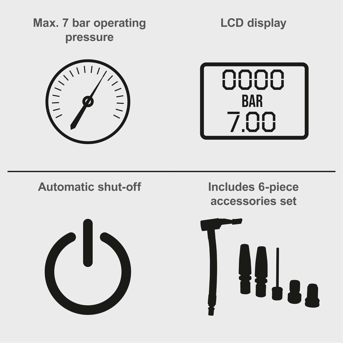The cordless hand-held compressor C-HKO7BE-X by Scheppach features a maximum operating pressure of 7 bar, an LCD display, automatic shut-off, and a 6-piece accessory set.