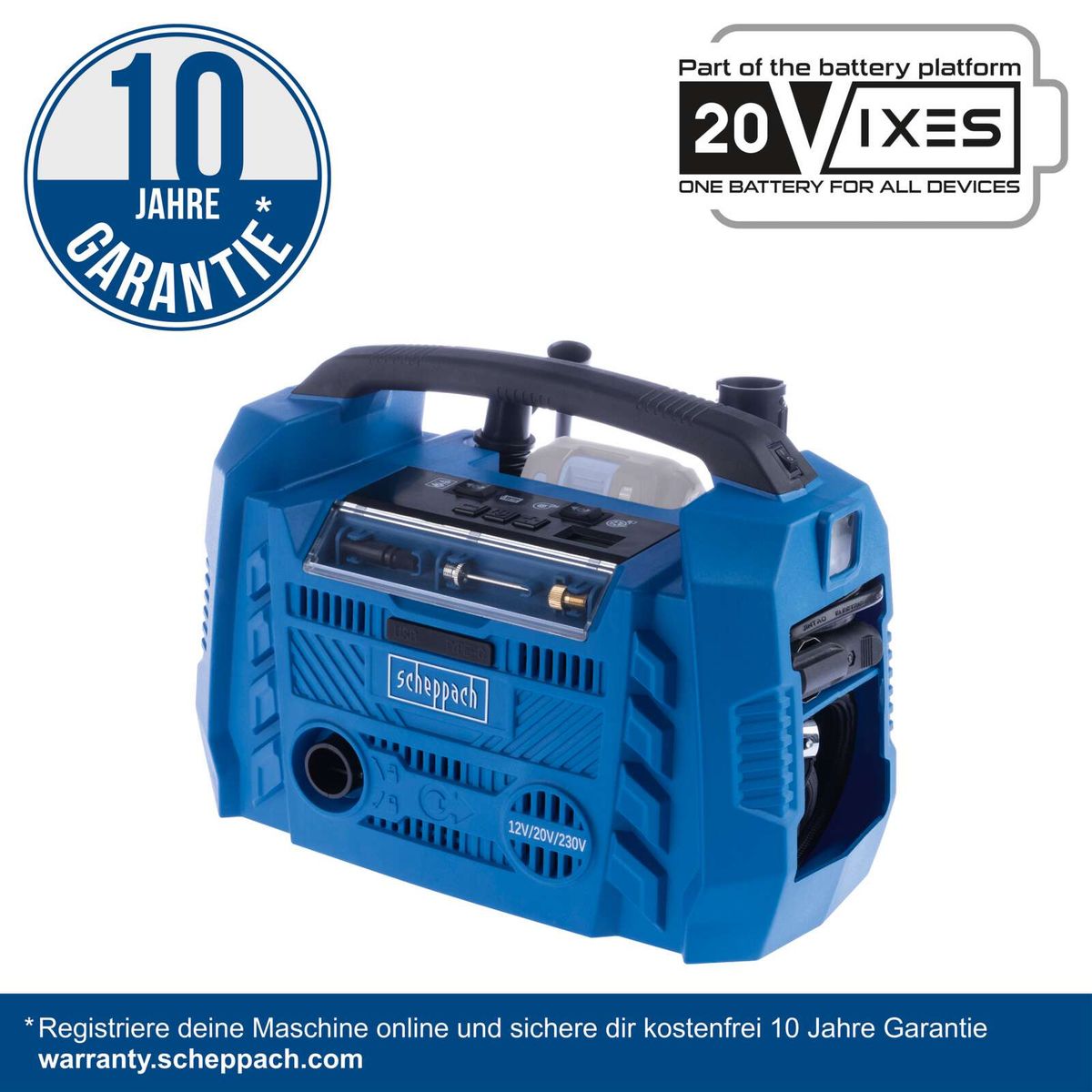 Scheppach Hybrid-Kompressor Airforce 6 mit 10-Jahre-Garantie, inkl. 20Vixes-Batterieplattform für universelle Nutzung, mit Online-Registrierung für kostenlose Garantie