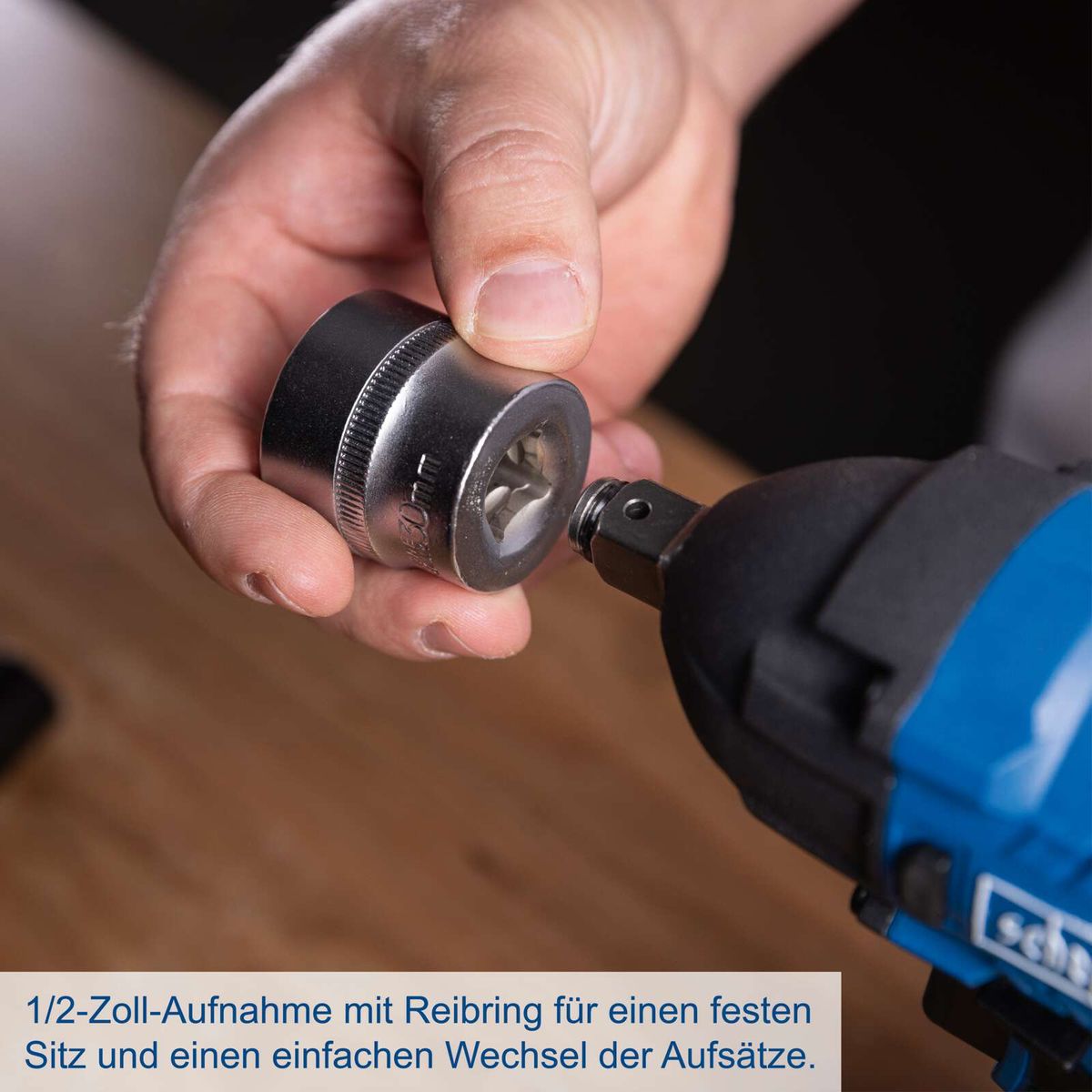 1/2-Zoll-Aufnahme mit Reibring für festen Sitz und einfaches Wechseln der Aufsätze