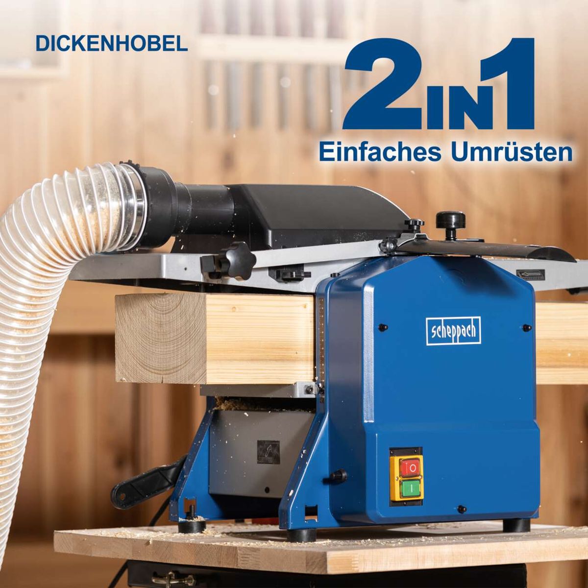 Der Scheppach Abricht- und Dickenhobel HMS850 bietet einfaches Umrüsten zwischen den Funktionen. Das 2-in-1-Design ermöglicht vielseitige Nutzung.