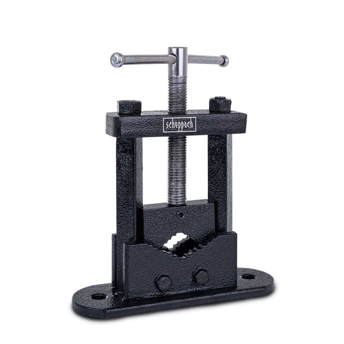Der Rohrschraubstock SPV50 von Scheppach verfügt über eine spezielle Öffnung für Rohre und eine robuste Bauweise mit Metallschraube für festen Halt. Die schwarze Ausführung sorgt für Langlebigkeit und Stabilität.