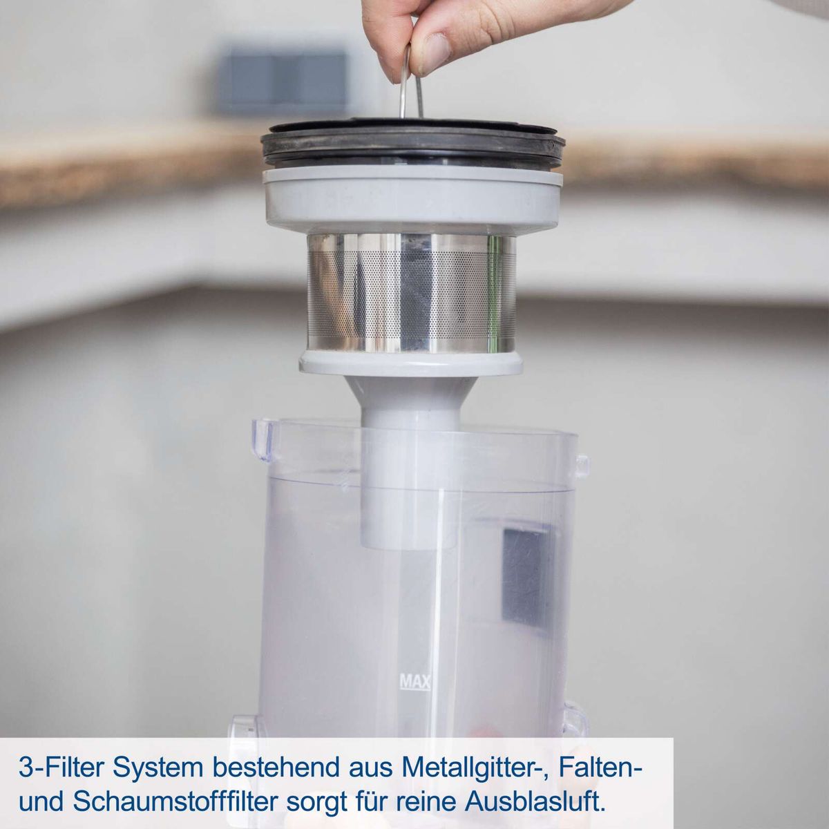 3-Filter-System mit Metallgitter, Faltenfilter und Schaumstofffilter für saubere Ausblasluft