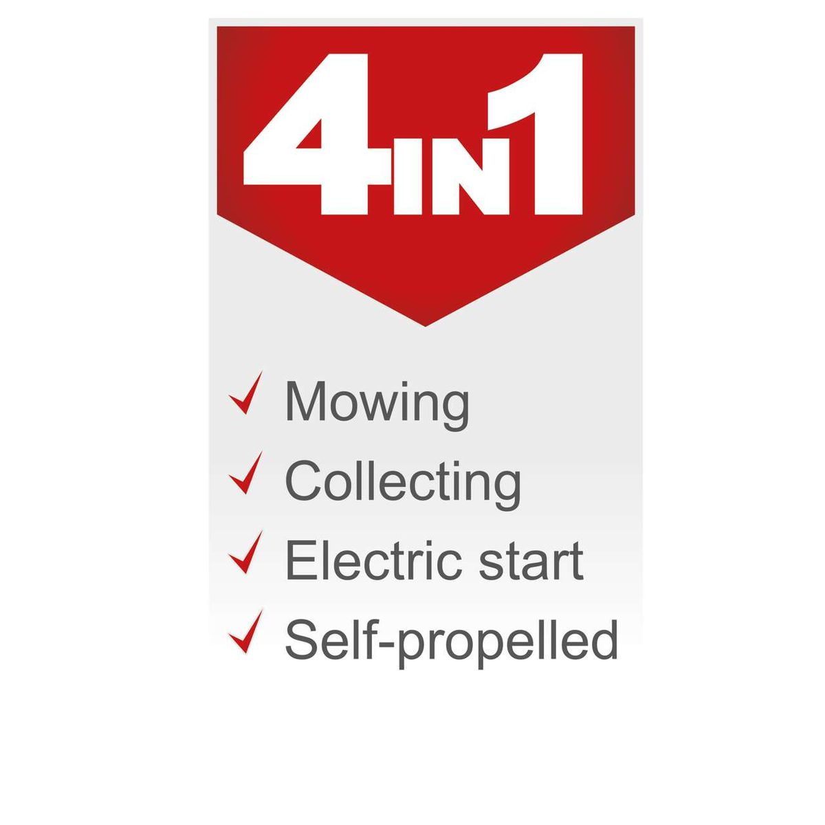 The Scheppach 4-in-1 device features mowing, collecting, electric start, and self-propelled functions.