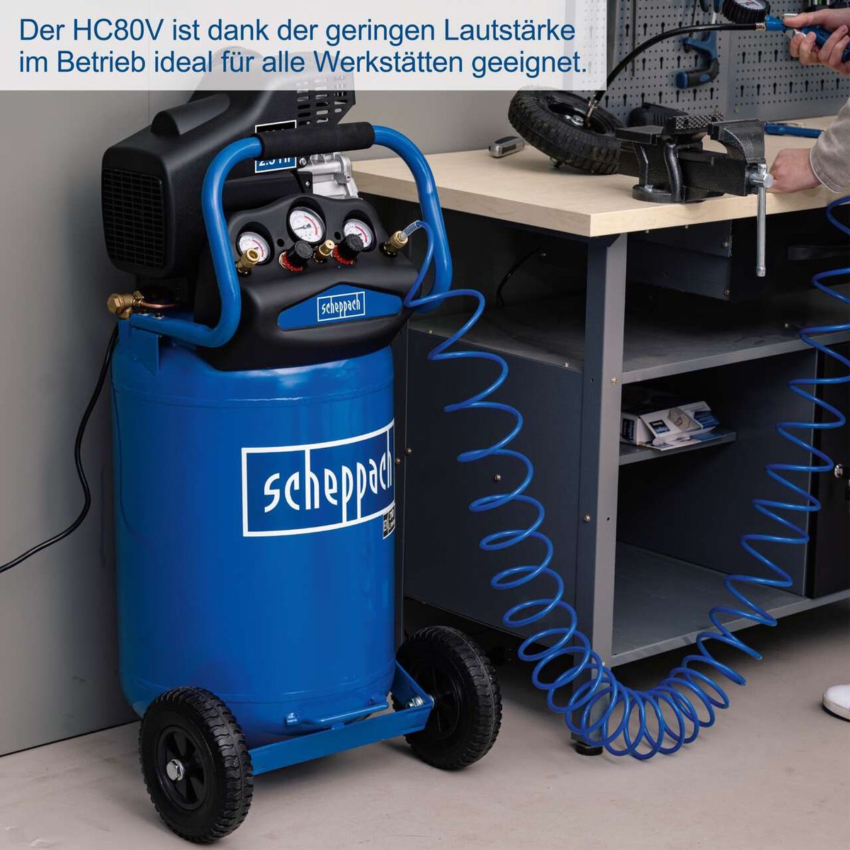 Der HC80V ist dank der geringen Lautstärke im Betrieb ideal für alle Werkstätten geeignet. Er hat einen 80L Kessel und eine Ansaugleistung von 310 l/min. Der Kompressor verfügt über 2 Kupplungen und einen maximalen Druck von 10bar.