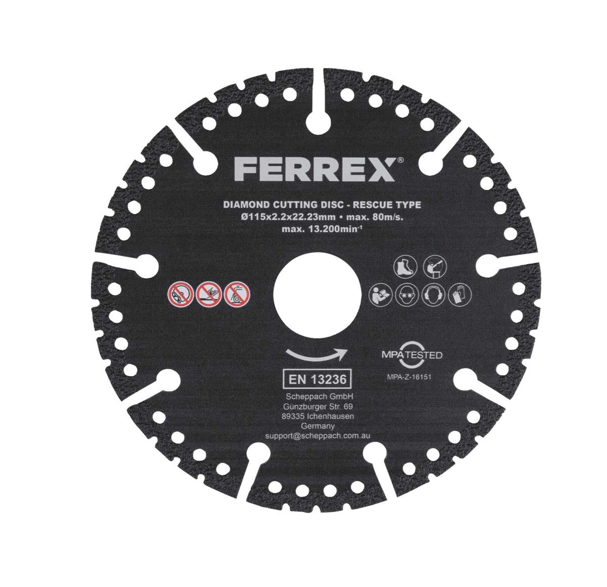 FERREX Diamantschneidscheibe - Rettungstyp. Abmessungen: 115x2,2x22,23mm. Max. Geschwindigkeit: 80m/s. Max. Drehzahl: 13.200 min⁻¹. Geprüft nach EN 13236. Hersteller: Scheppach GmbH.
