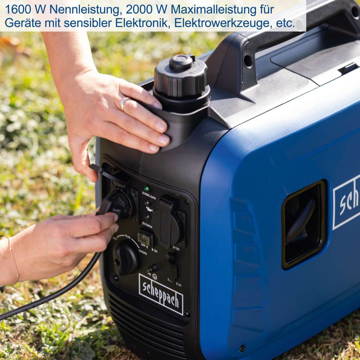 Inverter-Stromerzeuger mit 1600 W Nennleistung und 2000 W Maximalleistung, 2 Steckdosen und USB-Anschlüsse für empfindliche Elektronikgeräte