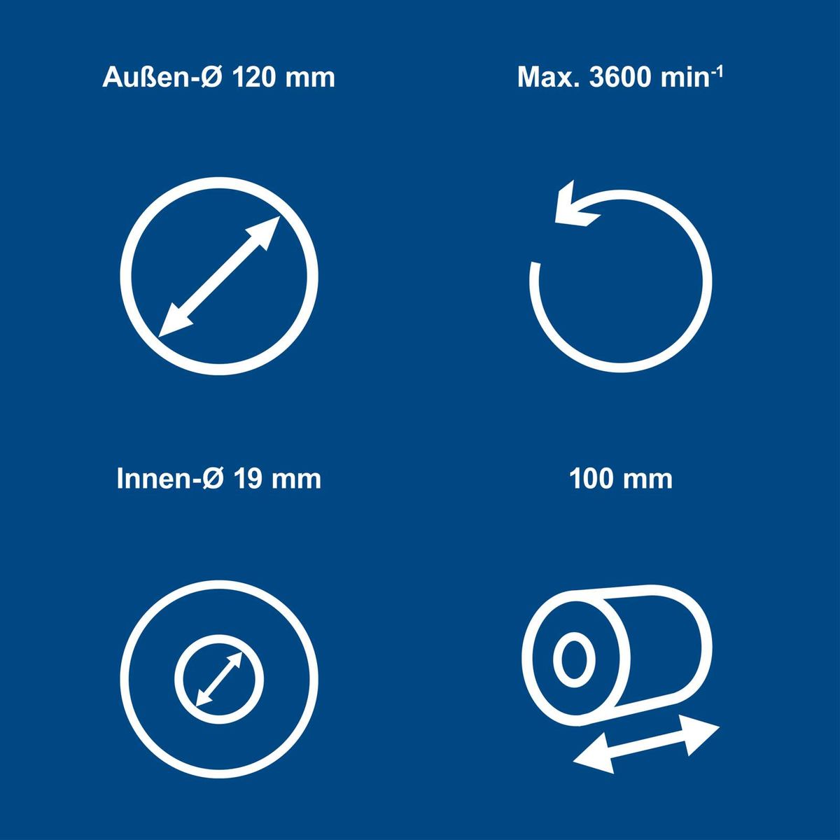 Technische Spezifikationen für Dreh- und Dreh-/Streichbewegungen: Außen-Ø 120 mm, Innen-Ø 19 mm, max. 3600 min⁻¹