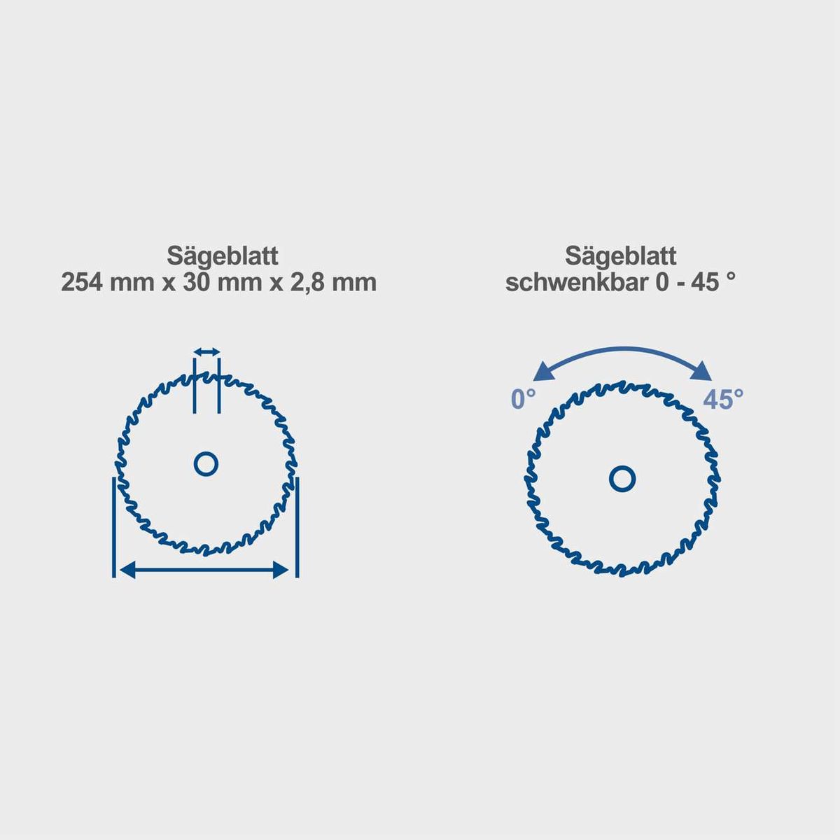 Das Sägeblatt hat die Maße 254 mm x 30 mm x 2,8 mm und ist schwenkbar von 0 bis 45 Grad.
