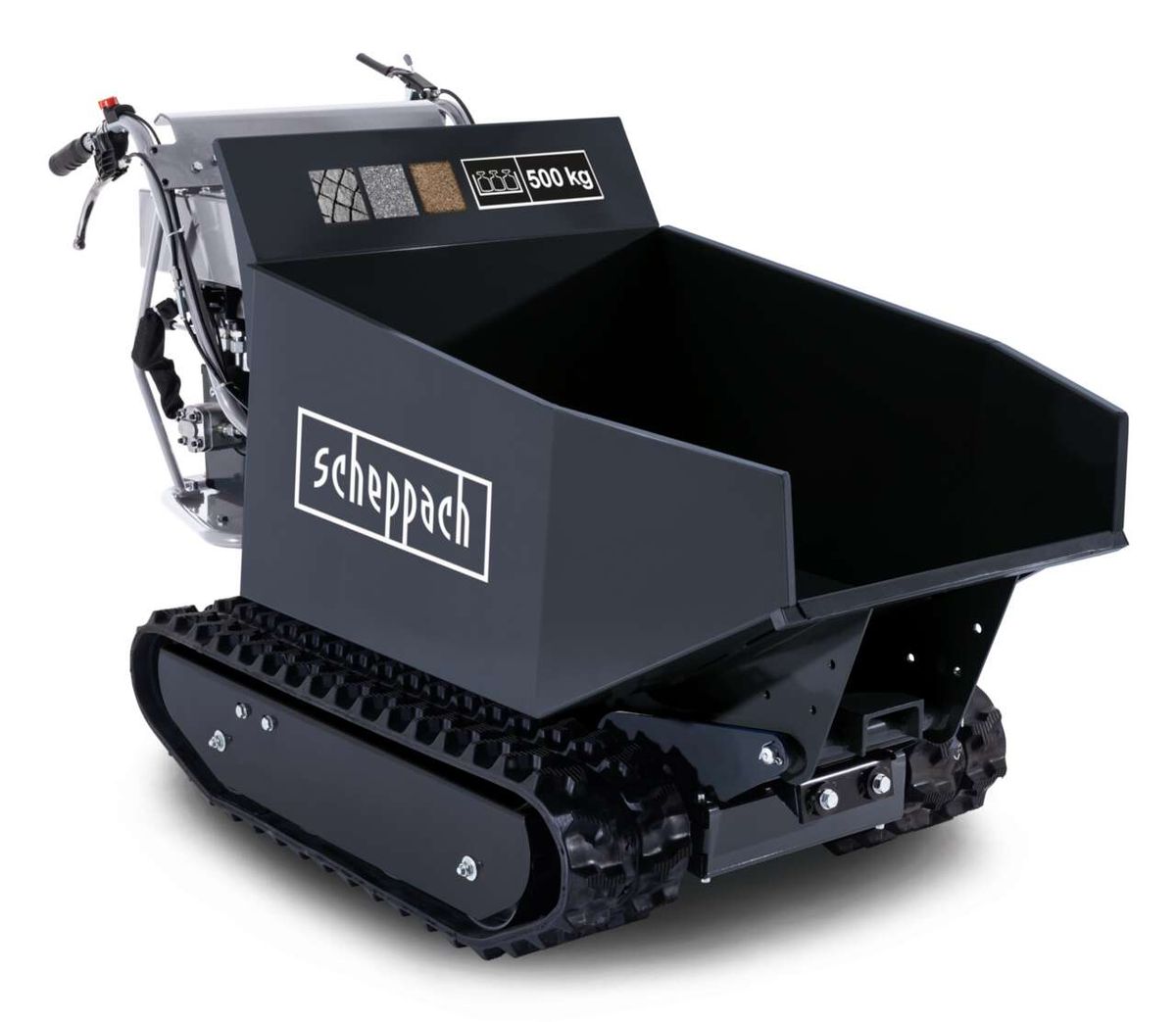 Scheppach Dumper DP5000, schwarz, 500 kg Tragfähigkeit, seitliche Ansicht.
