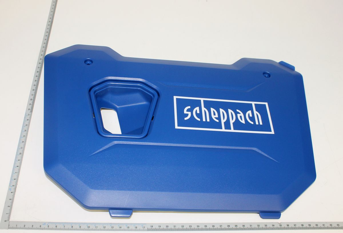 Rechte Gehäuseabdeckung von Scheppach, von oben fotografiert.