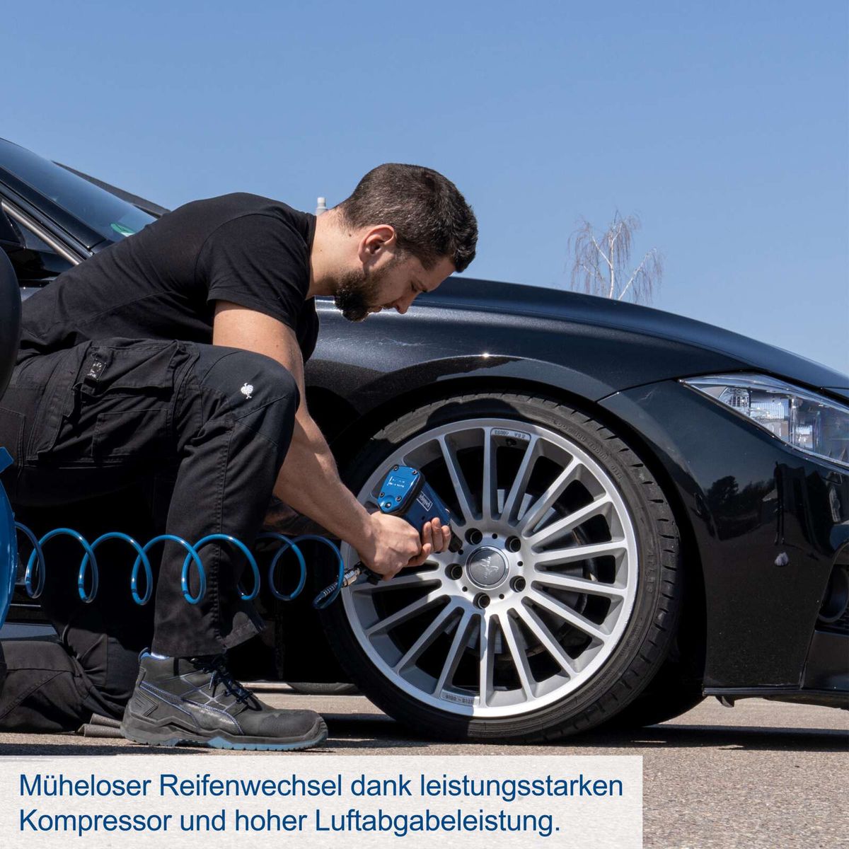 Müheloser Reifenwechsel dank leistungsstarken Kompressor und hoher Luftabgabeleistung.