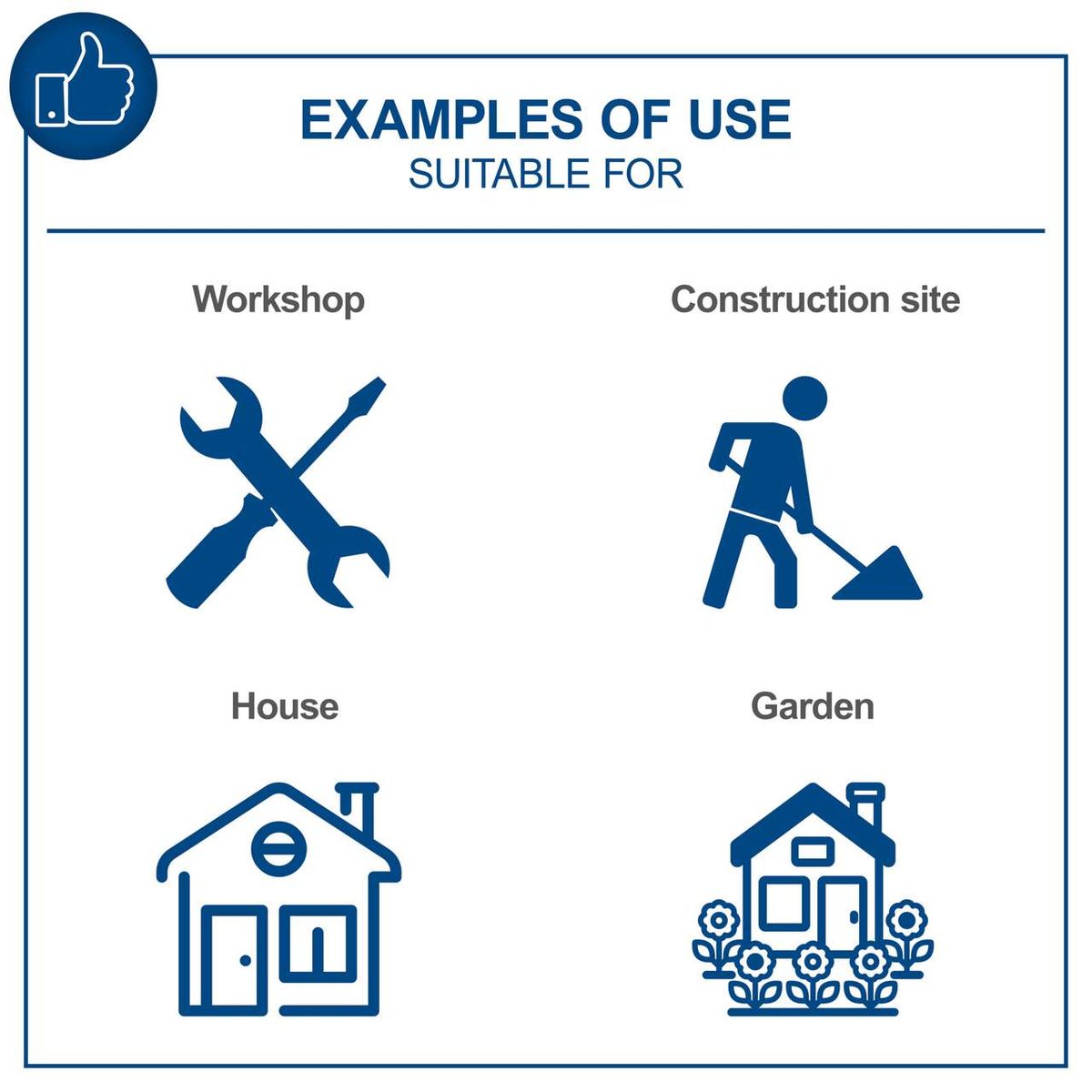 Examples of typical usage: workshop, construction site, home, garden