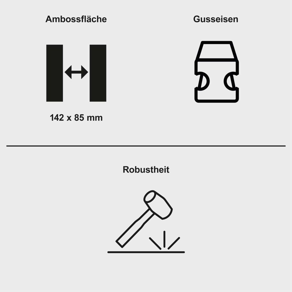 Der Schmiedeamboss GEA4500 von Scheppach hat eine Ambossfläche von 142 x 85 mm und besteht aus Gusseisen. Er ist robust und widerstandsfähig.