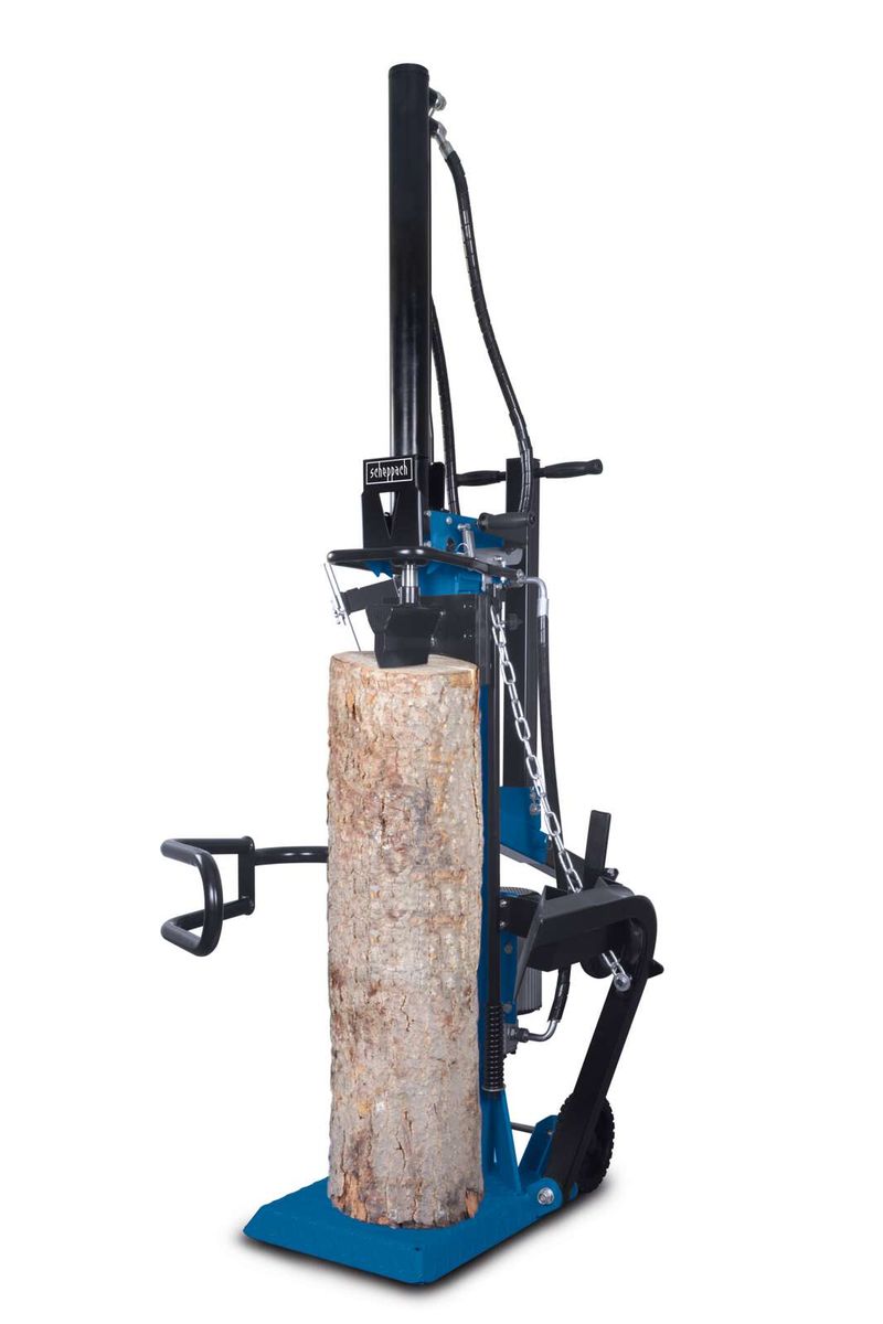 Scheppach DIY Werkzeug mit Schatten, zeigt ein robustes Holzstamm-Bearbeitungswerkzeug.