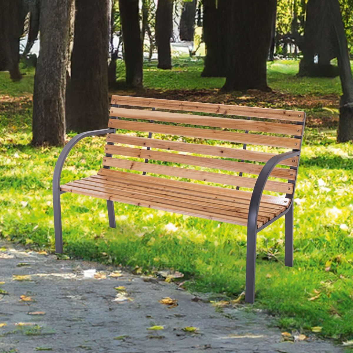Holz-Anthrazit-Gartenbank mit anthrazitfarbenen Metallbeinen und Holzsitzfläche, 2-Sitzer, stabil und langlebig für Gartenbereich