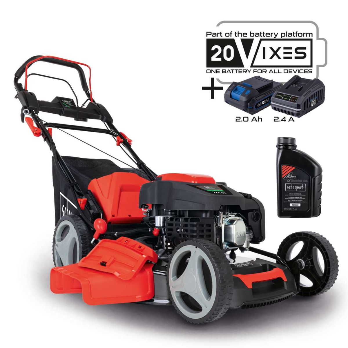 Der Benzin-Rasenmäher MS225-53E von Scheppach ist Teil des 20VIXES Akku-Systems. Er wird mit zwei Akkus (2.0 Ah und 2.4 A) und Öl geliefert. Das Gerät hat 6.0 PS und eine Schnittbreite von 530.0 mm.