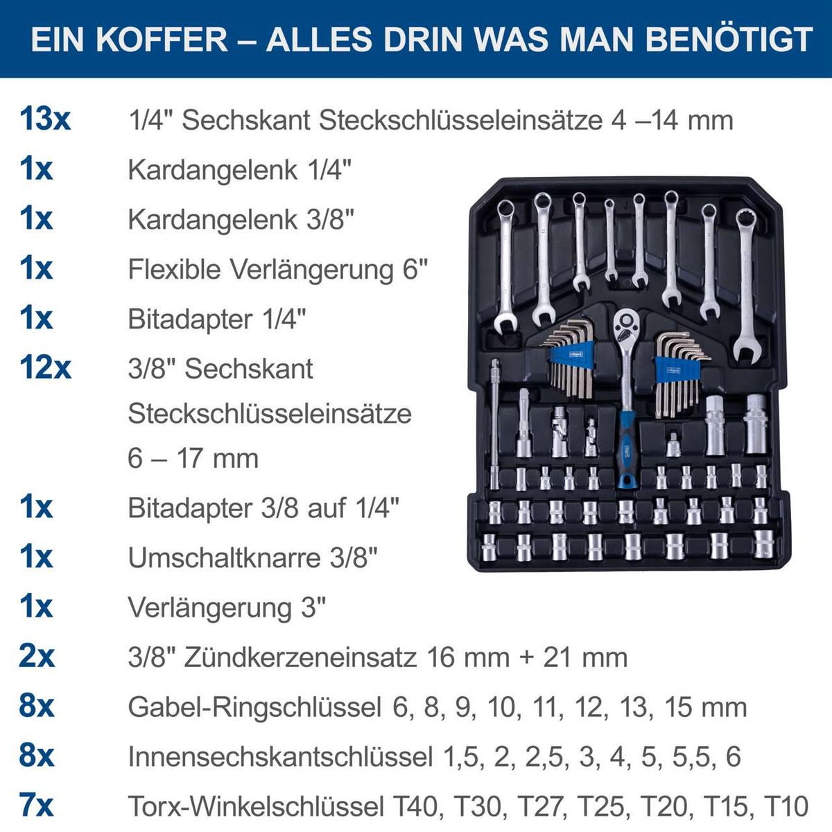 Werkzeugkoffer WZT187 von Scheppach mit Sechskant- und Ringschlüsselaufsatz für 4–17 mm, inkl. Kardangelenken, Verlängerungen und Bitadaptern