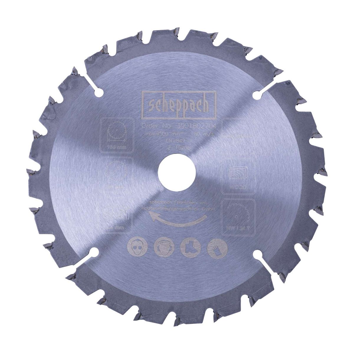 Scheppach-Sägeblatt mit technischen Daten: max. 9500 U/min, 80 m/s, EN 847-1, Z-15205, 160 mm Durchmesser