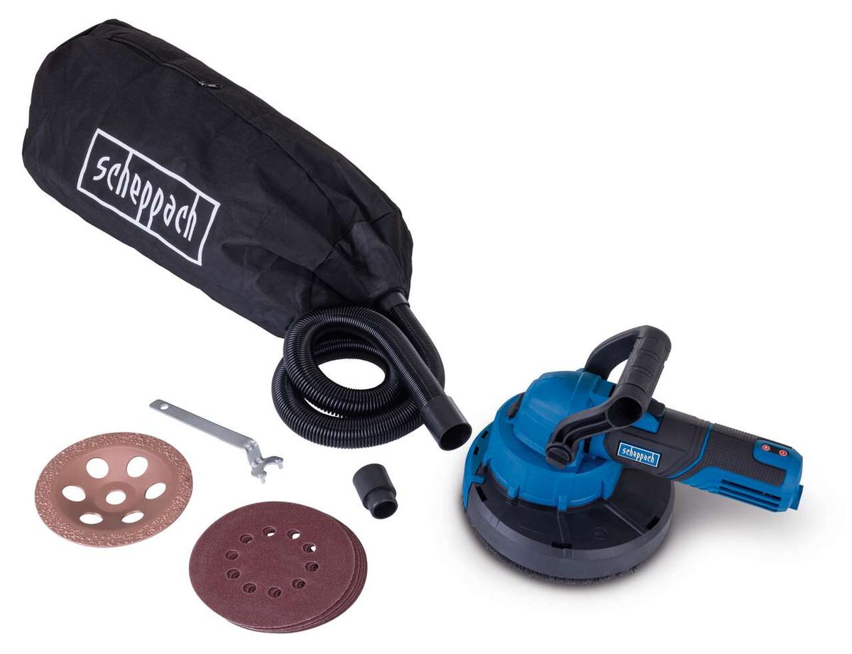 Universal 3-in-1 Wand-, Boden- und Deckenbearbeitungssystem BFR1200 Scheppach mit Staubsaugerbeutel, Schleifscheiben und Zubehör. Gezeigt von vorne.