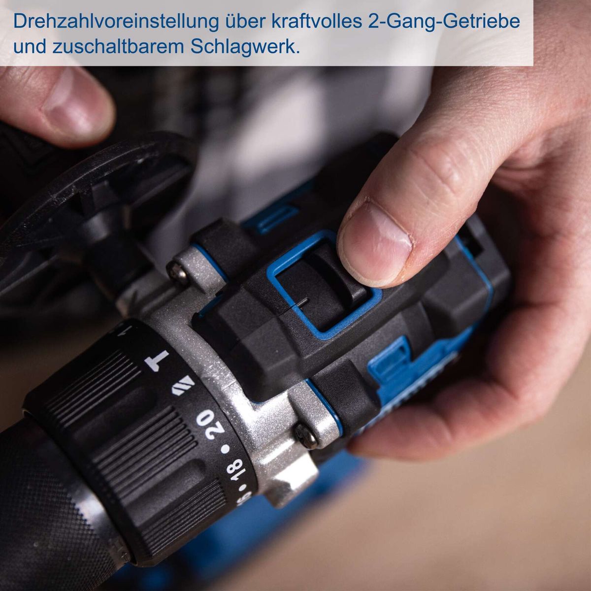 2-Gang-Schaltgetriebe mit einstellbarer Schlagfunktion auf Akku-Schlagbohrschrauber