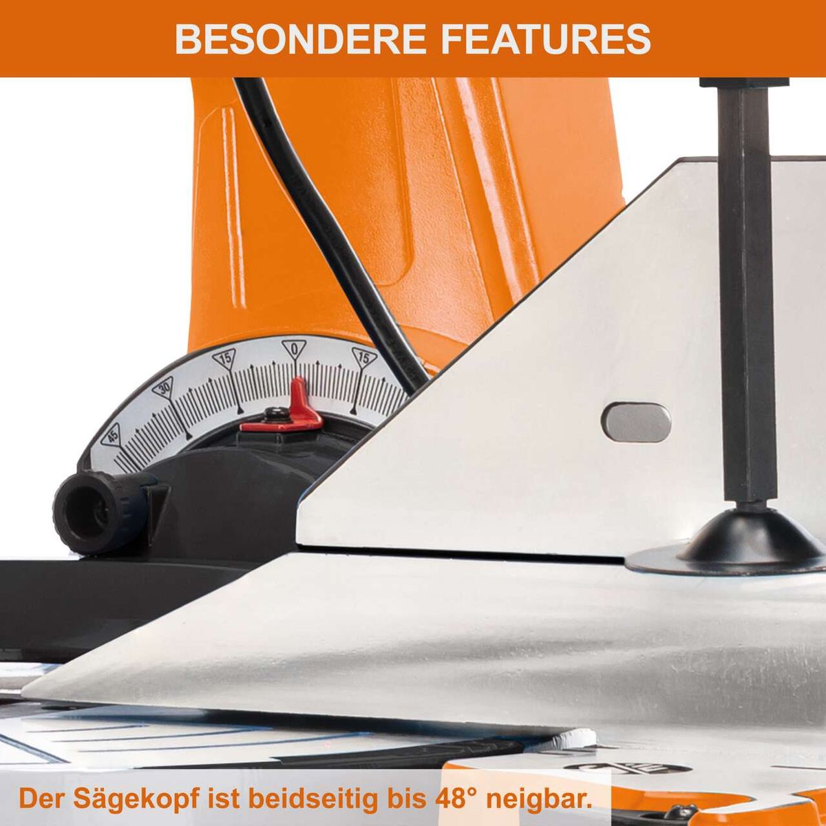 Die Kapp-, Zug- und Gehrungssäge IX-KZP305 IXES bietet einen Sägekopf, der beidseitig bis 48° neigbar ist.