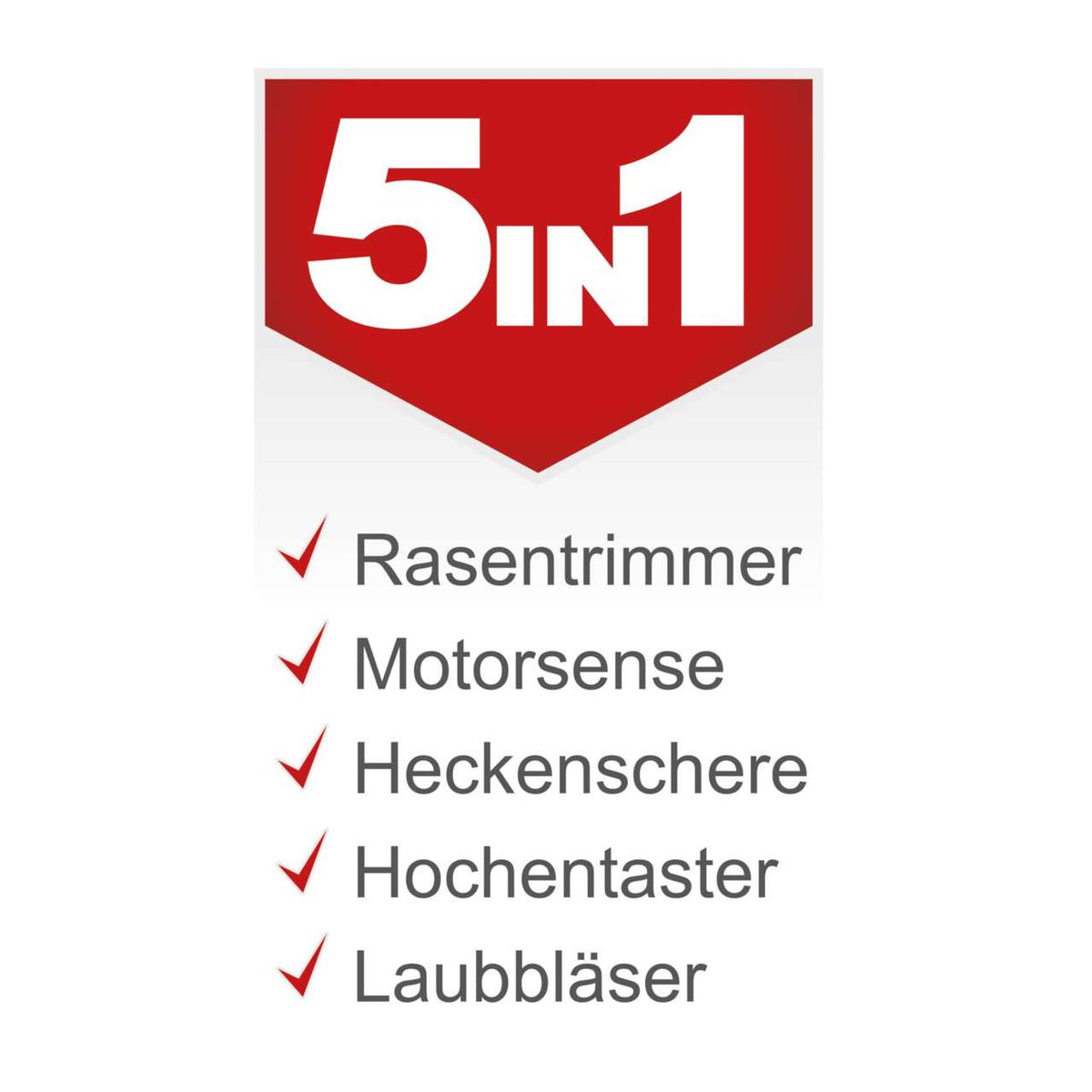 Werkzeug mit 5-in-1-Funktion: Rasentrimmer, Motorsense, Heckenschere, Hochtaster und Laubbläser