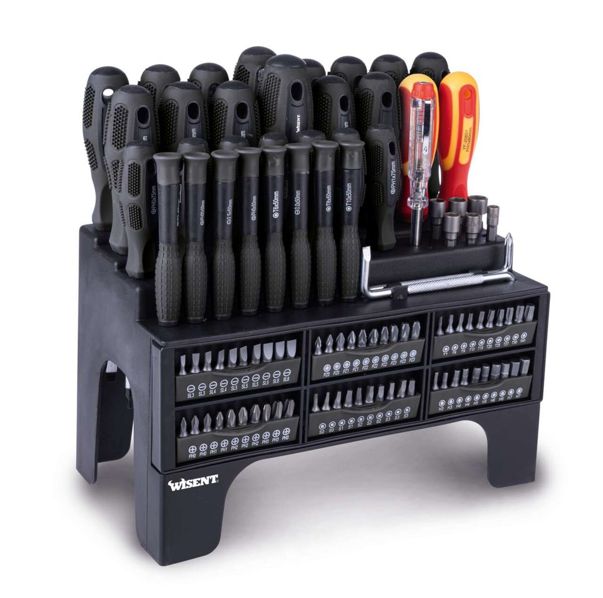 Schraubendreher-Set 100-tlg. VDE Wisent mit verschiedenen Bits und Aufbewahrungskasten. Gezeigt von vorne.