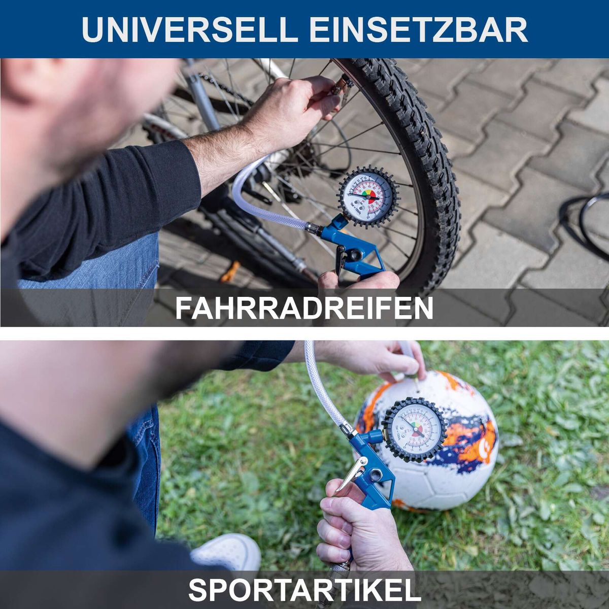 Scheppach-Kompressor mit Reifenfüller und Luftpistole: Luftdruckmessung für Fahrrad- und Sportartikelreifen