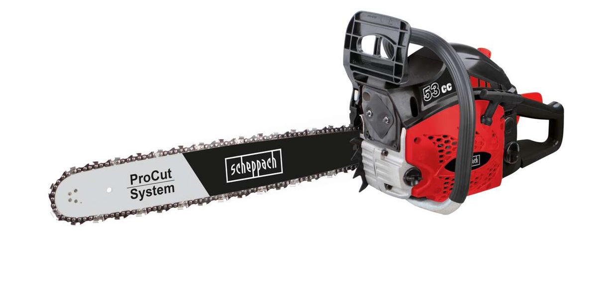 Kettensäge CSP5300 SE von Scheppach, 53 cm³ Benzinmotor, 20" ProCut Schwert, von der Seite gezeigt.