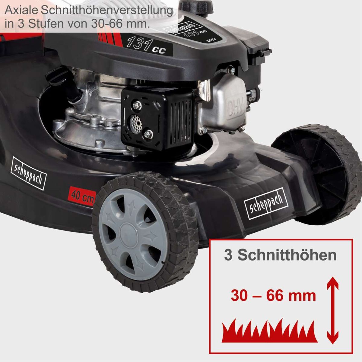 Der Benzin-Rasenmäher MP132-40 von Scheppach hat eine axiale Schnitthöhenverstellung in 3 Stufen von 30-66 mm und eine Schnittbreite von 40 cm. Der Motor hat 131 ccm Hubraum.
