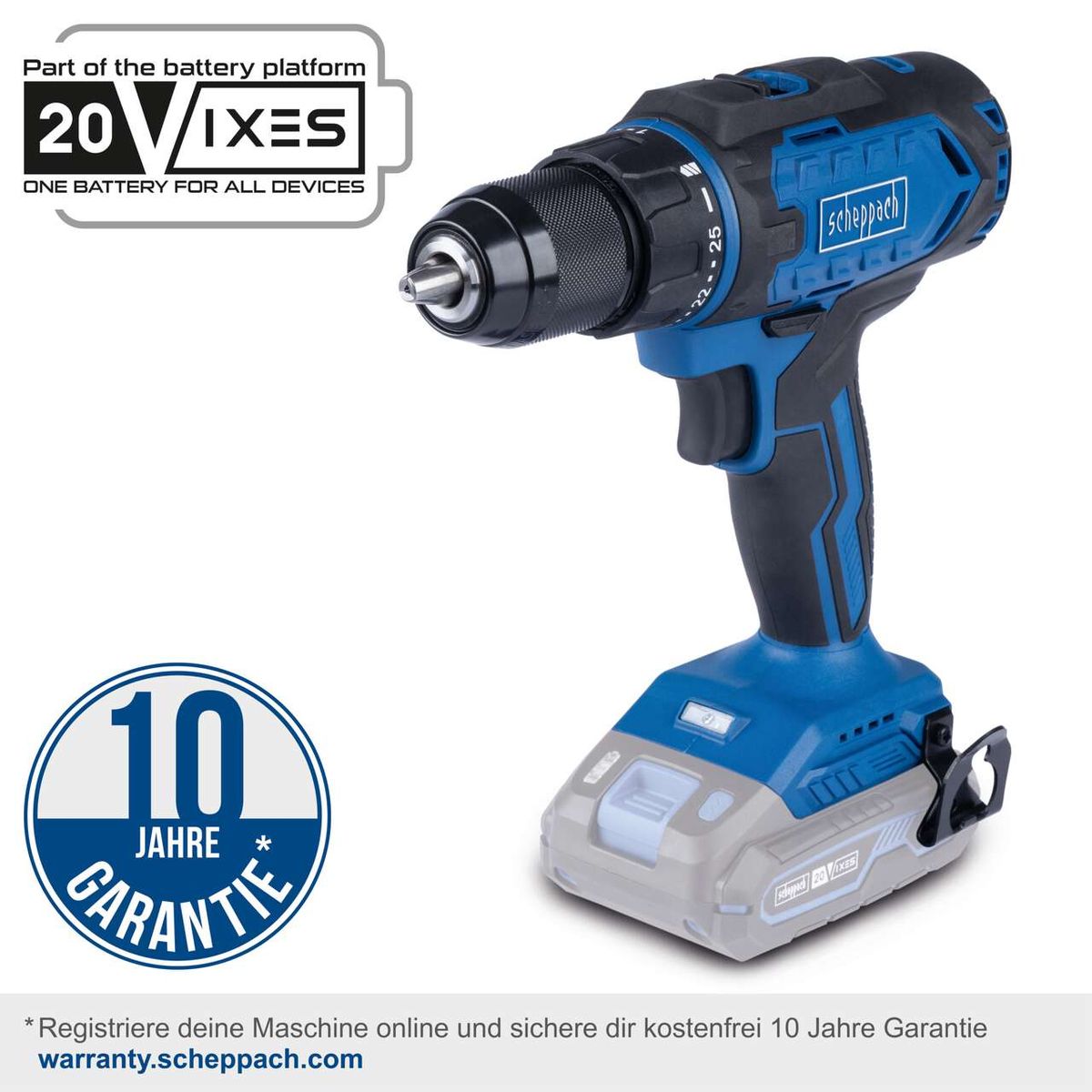 Der Akku-Bohrschrauber C-DD45-X von Scheppach bietet 25+1 Drehmomentstufen und ein Drehmoment von 45Nm. Inklusive LED und Gürtelclip. 10 Jahre Garantie bei Online-Registrierung.