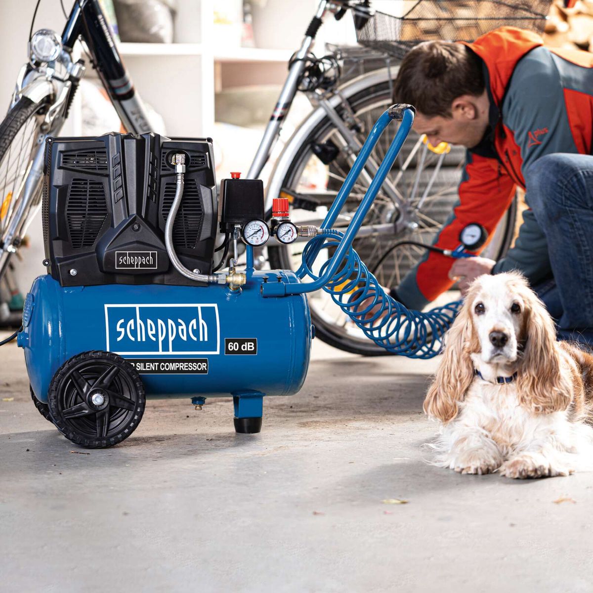 Scheppach-Silentkompressor mit 60 dB, 230V, 50Hz, ölfrei, 24 Liter Fassungsvermögen und 8 bar Druck