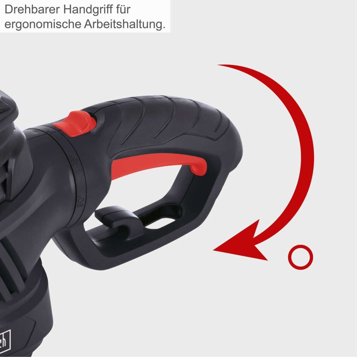 Rotierbarer ergonomischer Handgriff für bessere Arbeitshaltung bei der Heckenschere