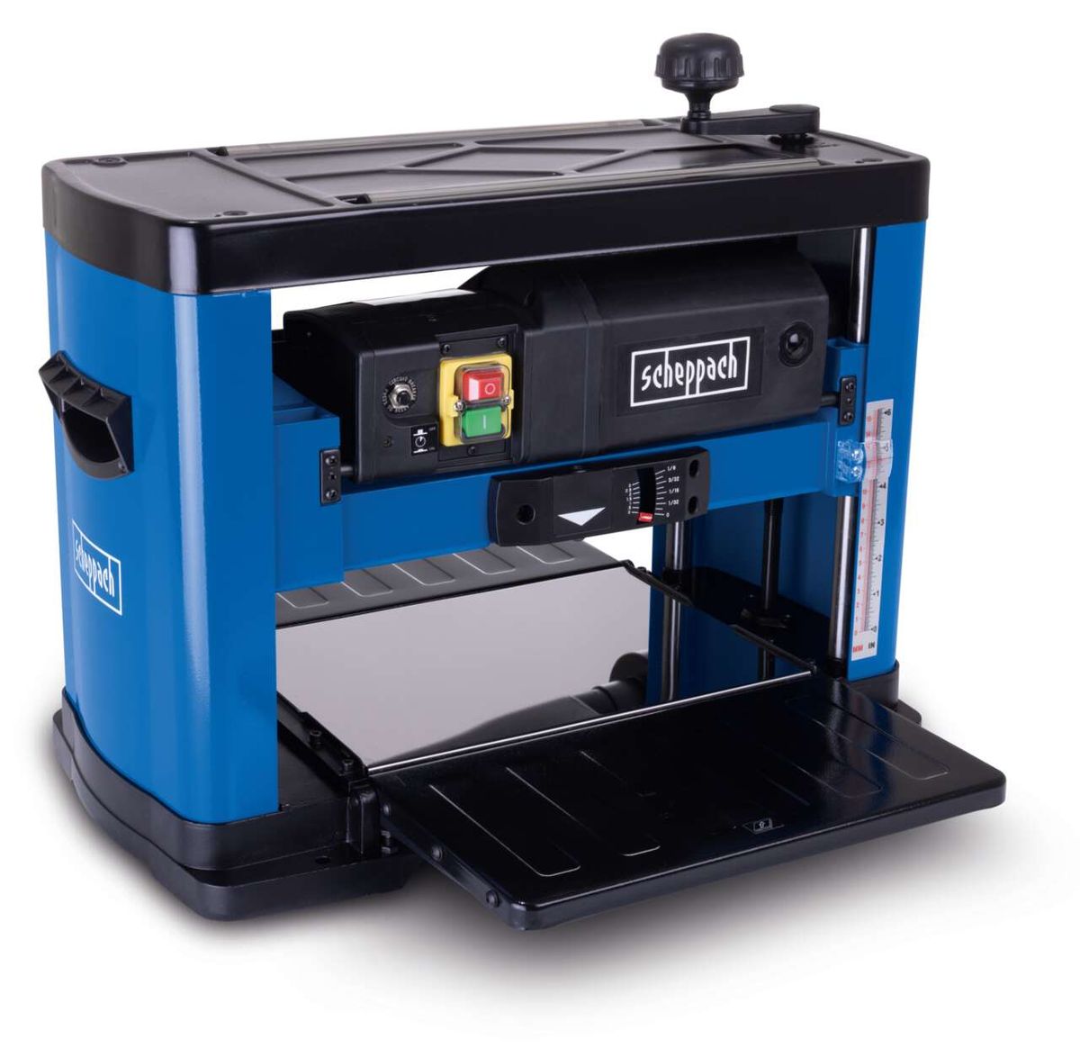 Dickenhobelmaschine PLM1800 Scheppach, 1500W, Hobelbreite 330mm, Höhe 152mm. Gezeigt von der Seite.