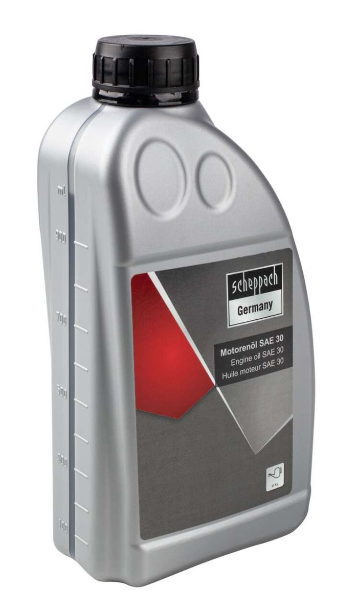 Scheppach Motorenöl SAE 30, 1-Liter-Kanister, grau mit schwarzem Deckel, von der Seite gezeigt.