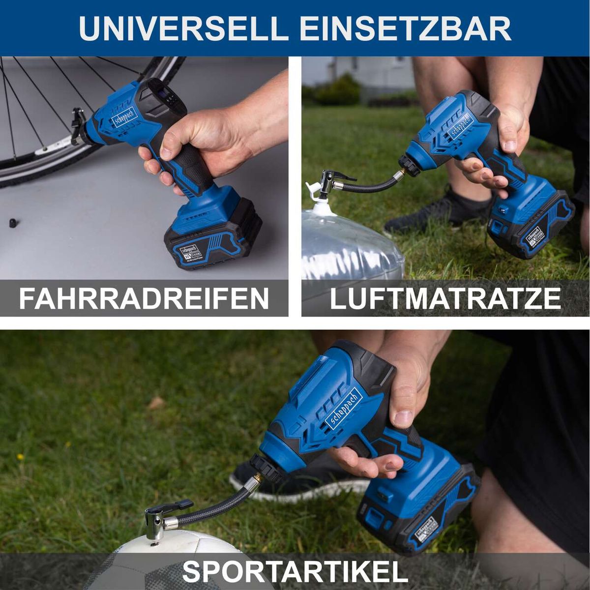 Der Akku-Handkompressor C-AC20-X-Set-L von Scheppach ist universell einsetzbar. Er eignet sich für Fahrradreifen, Luftmatratzen und Sportartikel.