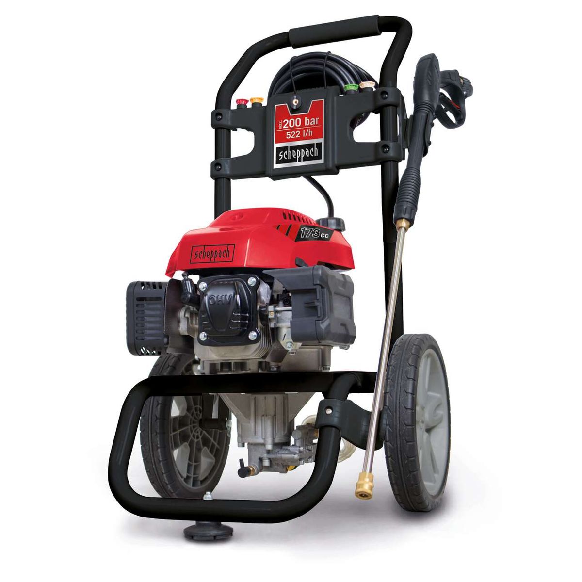 Der Scheppach Benzin Hochdruckreiniger HCP2600 mit 200 bar Druck und 522 l/h Durchfluss. Ausgestattet mit einem 173cc Motor.
