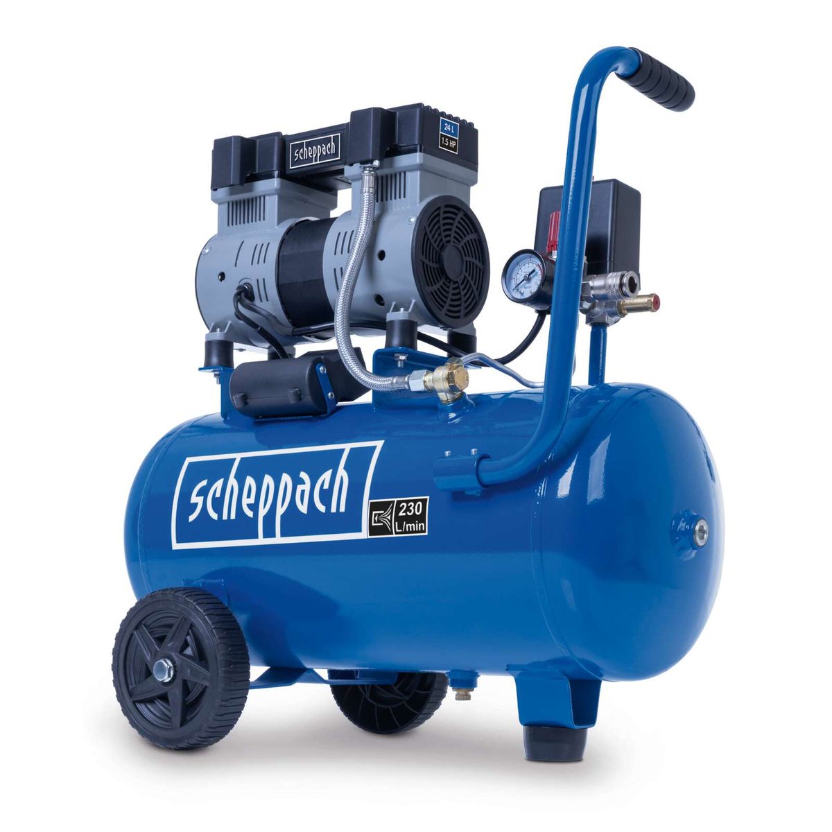 Der Scheppach Kompressor HC26Si mit 1100W Leistung, 8 Bar Druck, 24L Kessel und 162 l/min Ansaugleistung. Ölfrei und leise mit 66 dB.