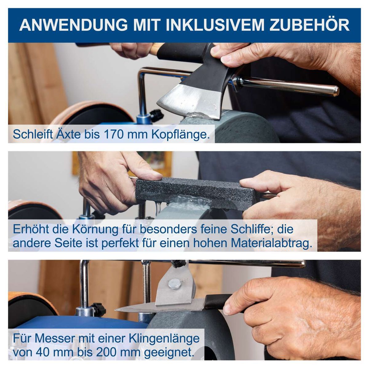 Wasserbearbeitungssystem mit Schleifstein für Äxte (bis 170 mm Kopf), feine Schleifseite und Materialabtragsseite für präzise Bearbeitung