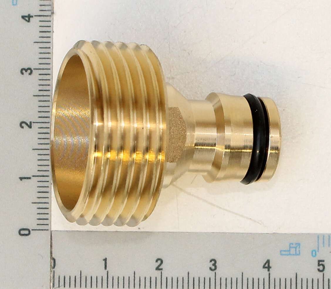 Ein goldener Gewindestutzen mit schwarzem O-Ring, etwa 4 cm lang, neben einem Lineal zur Größenveranschaulichung.