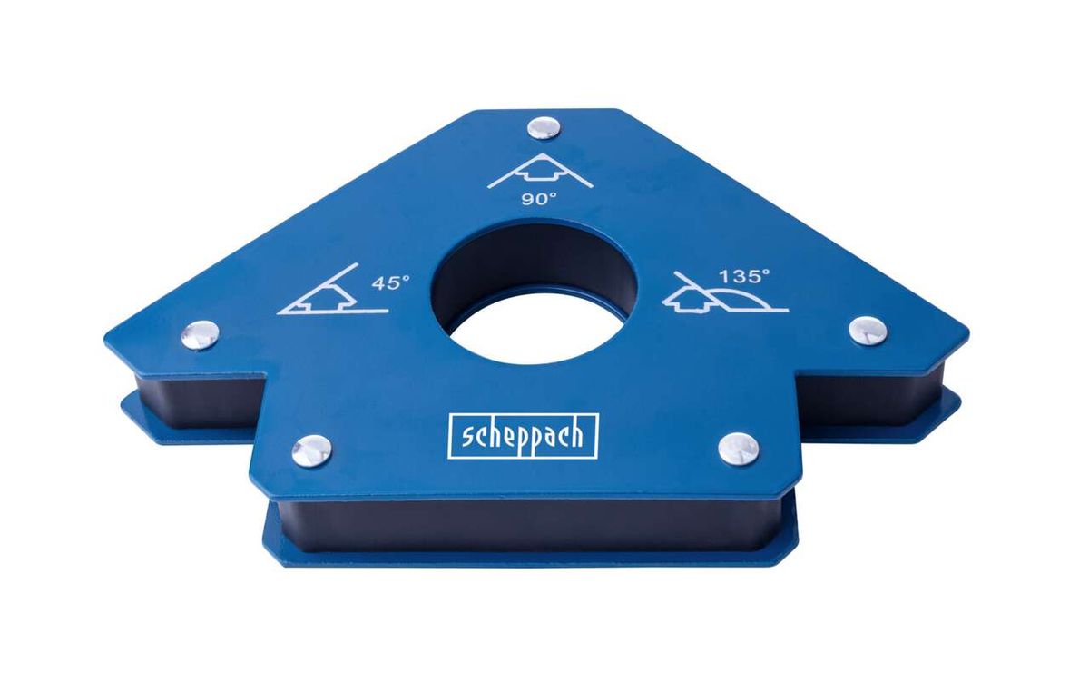 Scheppach Schweißer-Winkelmagnet mit 45°, 90° und 135° Markierungen, von oben fotografiert.