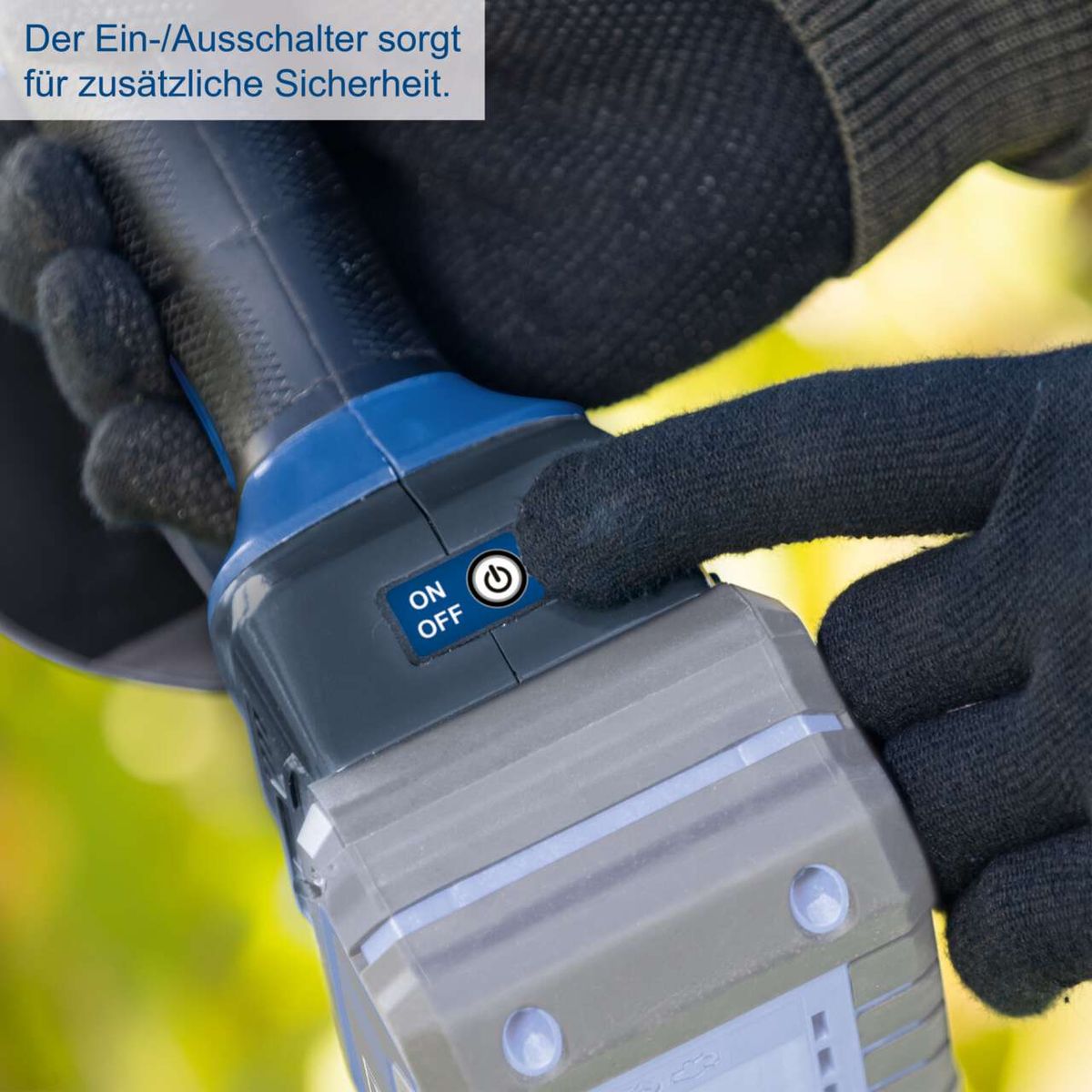 Der Akku-Gehölzschneider BC-PS150-X von Scheppach verfügt über einen Ein-/Ausschalter für zusätzliche Sicherheit. Der Brushless-Motor ermöglicht präzises Schneiden mit einer Schnittlänge von 150 mm und einer Schwertlänge von 6 Zoll.