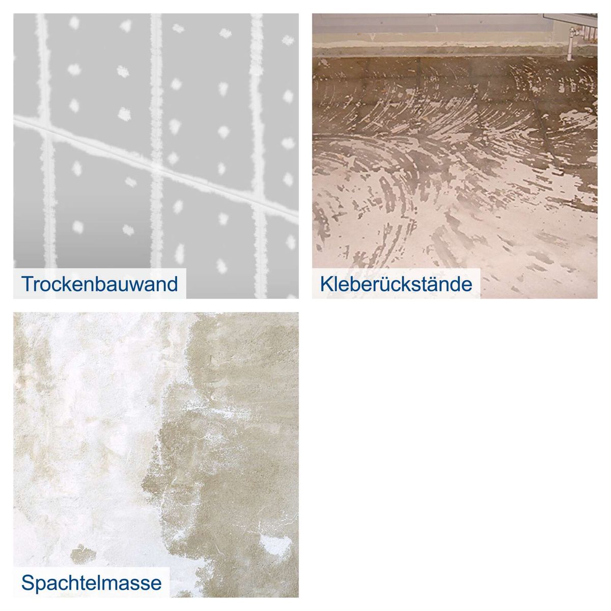 Wand- und Deckenschleifer-Features: Trockenbauwand, Kleberückstände, Spachtelmasse