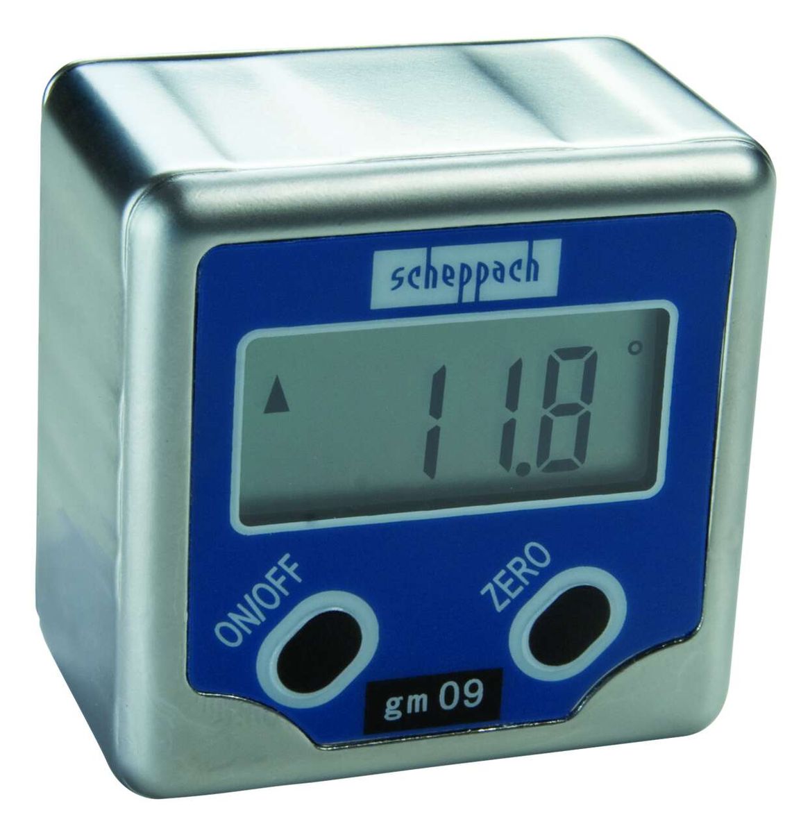 Winkelmessgerät gm 09 scheppach, Ansicht von vorne, mit Display und zwei Tasten.